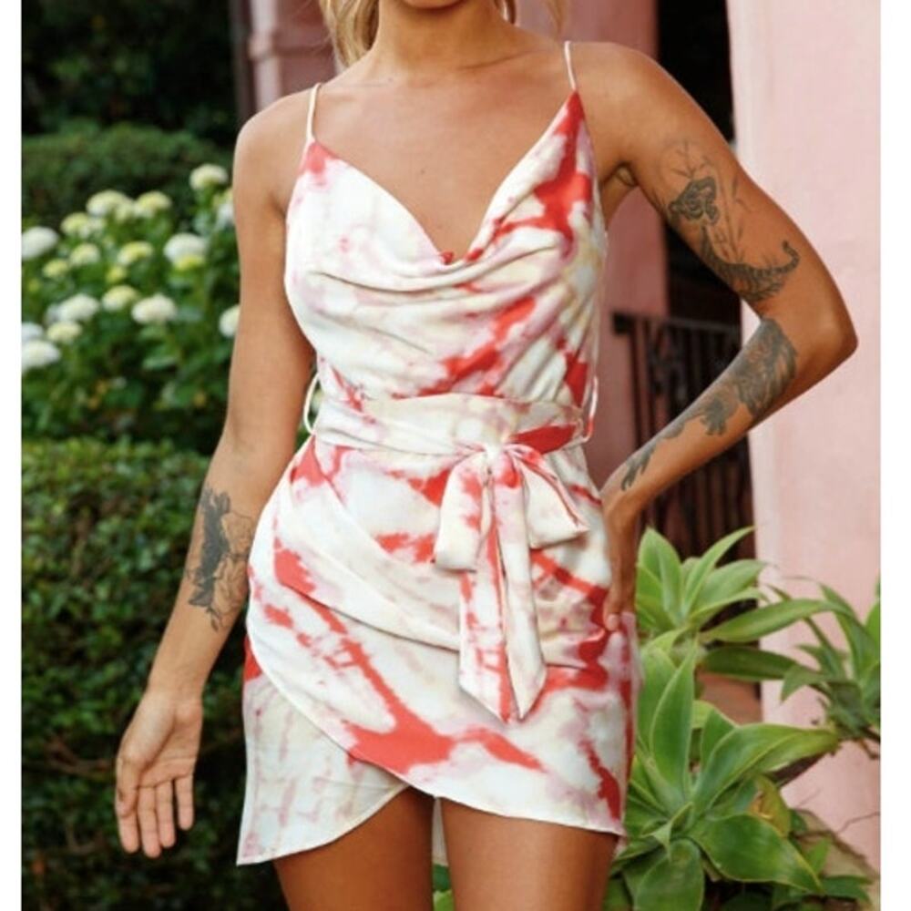 Selfie Leslie NWT Red Bebe Tie Dye Satin Cowl Neck Wrap Dress Size M